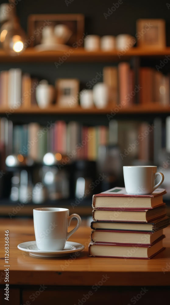 Cozy Bookstore Café Bar with Wooden Counter, Coffee Cup, and Stack of Books Cozy Bookstore Café Bar with Wooden Counter, Coffee Cup, and Stack of Books