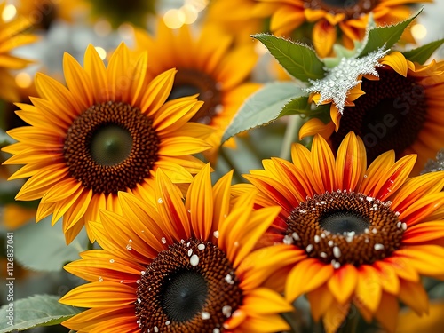 there are many sunflowers that are in the field with snow on them. photo