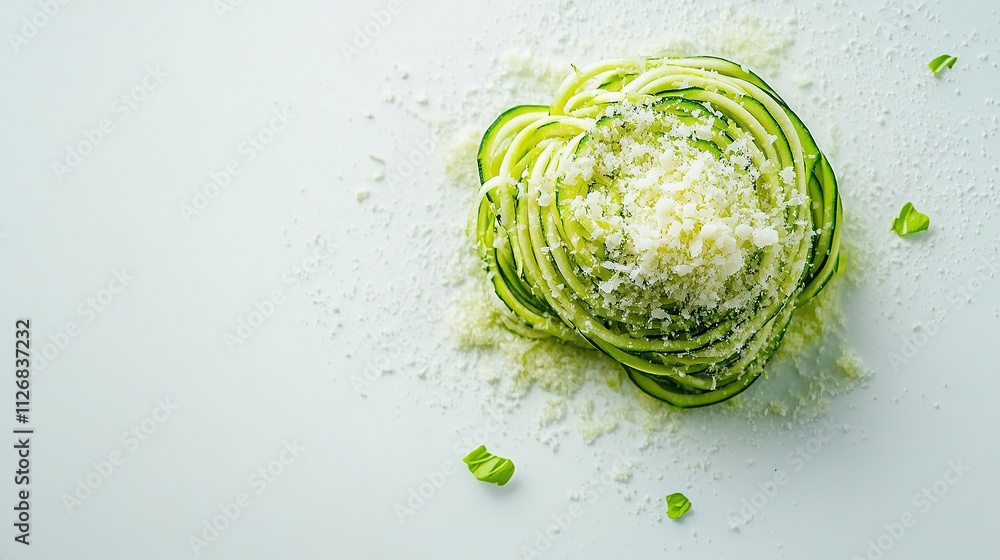 Obraz premium Zucchini noodles with visible spiral texture, topped with Parmesan shavings.