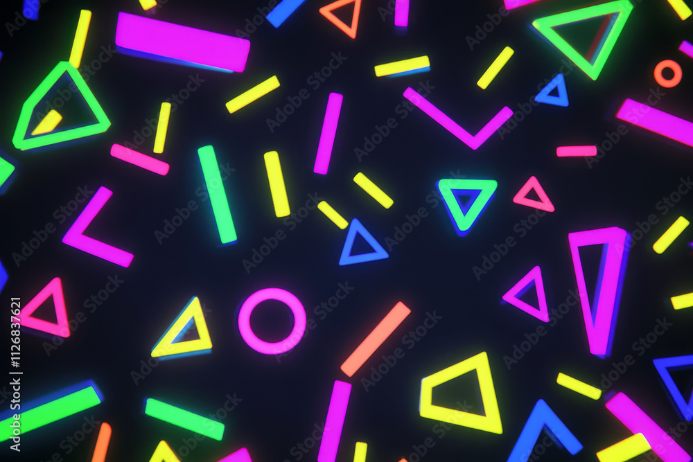 A vibrant background featuring scattered geometric shapes glowing in bright neon colors over black. A vibrant background featuring scattered geometric shapes glowing in bright neon colors over black.