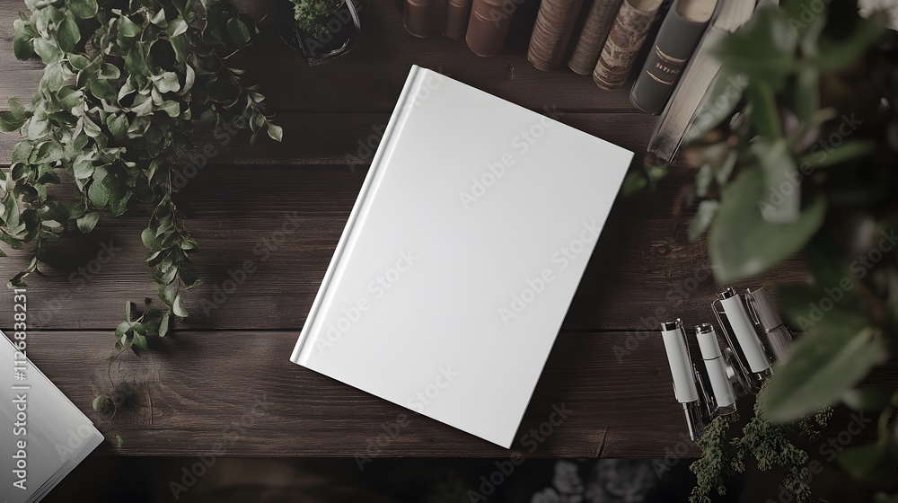 Blank mockup template of a book cover laying flat on a dark wooden shelf, with modern design elements like sketches and stationery. Blank mockup template of a book cover laying flat on a dark wooden shelf, with modern design elements like sketches and stationery.