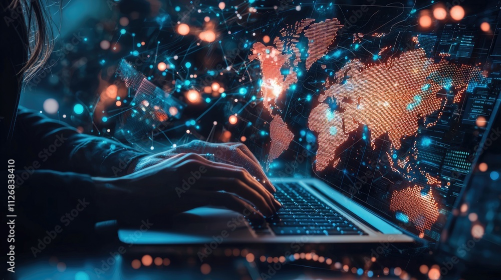 Woman's hands typing on laptop with global network data visualization. Woman's hands typing on laptop with global network data visualization.