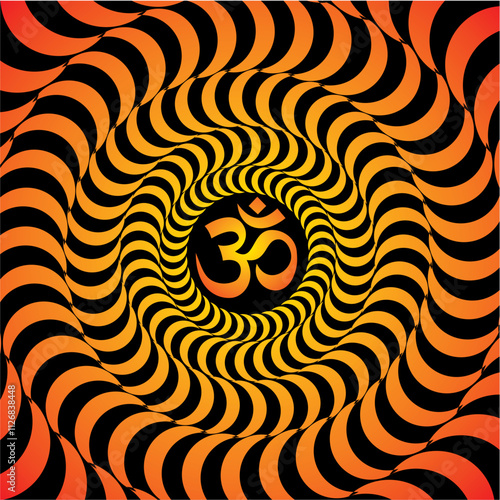 Openwork yellow-orange elegant mandala on a black background. The yellow and orange sign aum, om, ohm in the center. Yellow, orange colors. Vector graphics.