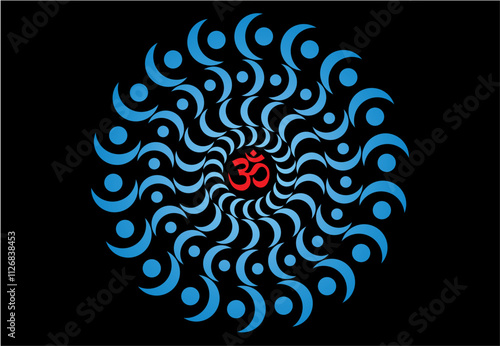 Openwork blue elegant mandala on a black background. The red sign aum, om, ohm in the center. Blue, red colors. Vector graphics.