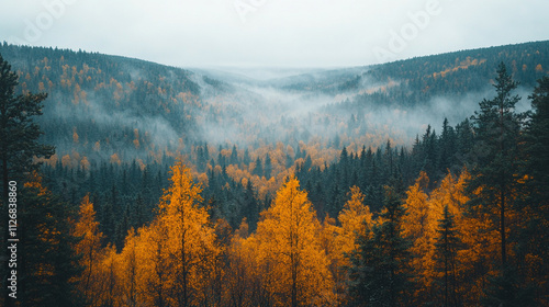 Aerial view of a dense autumn forest blanketed by fog, creating a serene and mystical atmosphere. The vibrant foliage of red, orange, and gold symbolizes transformation, renewal, and the beauty of cha