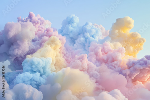 A pastel background of gentle clouds in powder blue, pale pink, and muted yellow, floating over a soft sky.