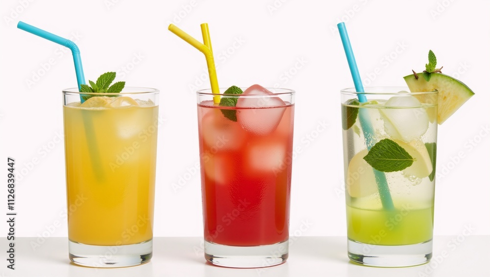 Three summery cocktails served in tall glasses with vivid fruits ice mint Three summery cocktails served in tall glasses with vivid fruits ice mint