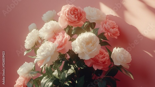 Spring Horizontal Floral Peony banner. Beautiful nature season background. Copy space for text, selective focus. Bloom summer aesthetic.