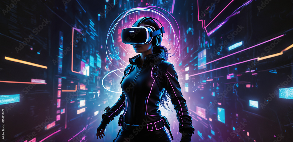 Obraz premium Futuristic Female Cyber Diver Entering the Virtual Realm