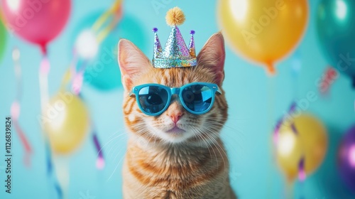 Orange tabby cat in a party hat and rainbow-colored sunglasses surrounded by colorful party poppers and cake slices on a blue background. Focus on a more delicious celebration atmosphere