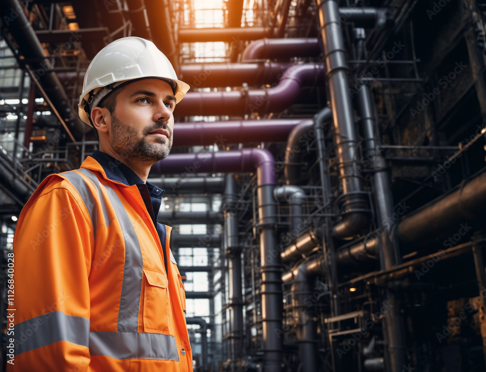 factory engineer amid industrial piping and machinery. factory engineer amid industrial piping and machinery.