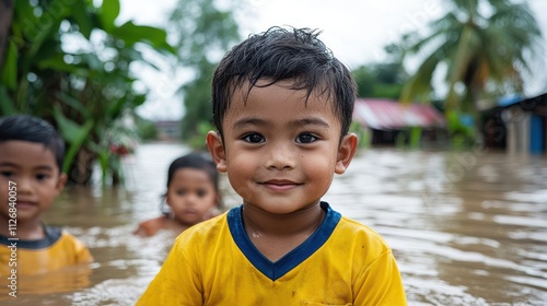 Flood Management and Mitigation Concept, Children Playing in Safe Area During Temporary Flooding with Smiles and Joyful Expressions