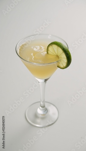 High-angle shot of classic daiquiri in chilled martini glass garnished with lime