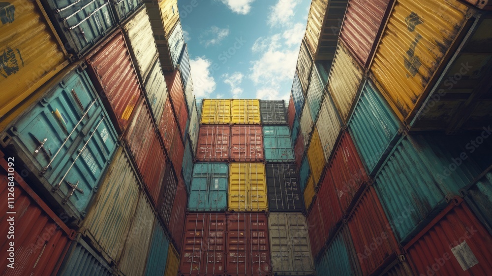 Fototapeta premium Shipping containers stacked high in a shipyard