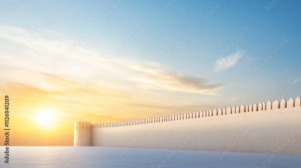 Fototapeta premium Majestic Sunset Over Ancient Fortress Wall with Clear Blue Sky and Soft Clouds, Capturing the Serene Beauty of Historic Architecture and Timeless Landscapes