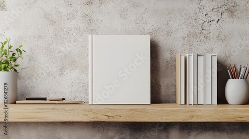 Blank mockup template of a softcover book on a polished wooden shelf, next to design elements like pens and paper pads. photo