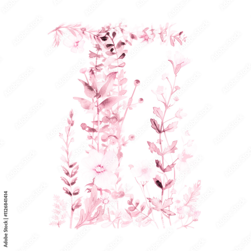 Watercolor Alphabet Letter I with Leaves and Flowers. Summer Ornament. Exotic Floral ABC Card. Birthday, Vintage Wedding Poster Font. Initial Monogram I,1 Painted in Watercolour Isolated on White. Watercolor Alphabet Letter I with Leaves and Flowers. Summer Ornament. Exotic Floral ABC Card. Birthday, Vintage Wedding Poster Font. Initial Monogram I,1 Painted in Watercolour Isolated on White.