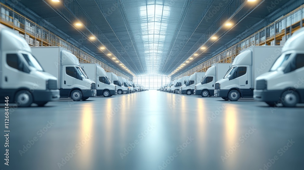 Modern Distribution Center with a Row of Delivery Trucks and Brightly Lit Interior Space for Efficient Logistics and Supply Chain Operations Modern Distribution Center with a Row of Delivery Trucks and Brightly Lit Interior Space for Efficient Logistics and Supply Chain Operations