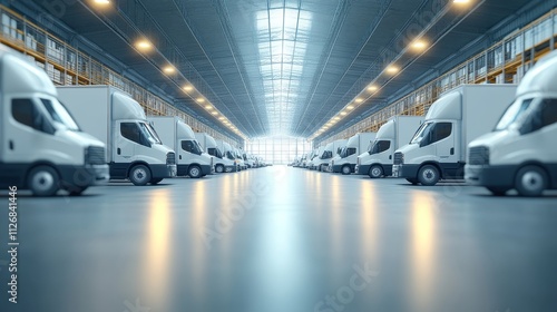 Modern Distribution Center with a Row of Delivery Trucks and Brightly Lit Interior Space for Efficient Logistics and Supply Chain Operations