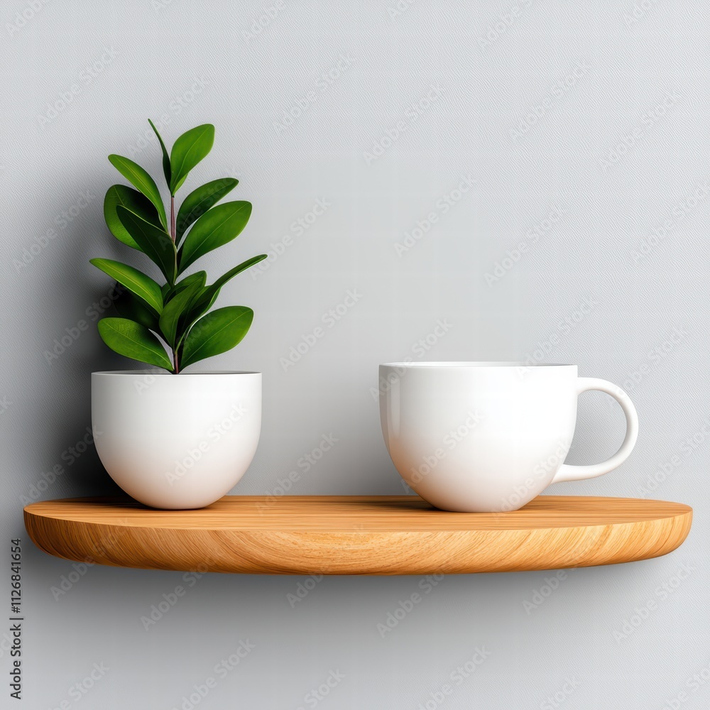 A minimalist shelf featuring a small plant and a white cup, perfect for modern home decor inspiration. A minimalist shelf featuring a small plant and a white cup, perfect for modern home decor inspiration.
