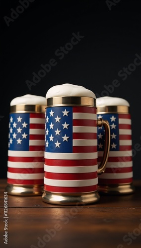 Celebration scene featuring three illuminated American Flag beer mugs against a dark backdrop in an illustrative style with festive designs rendered at ultra-high resolution photo