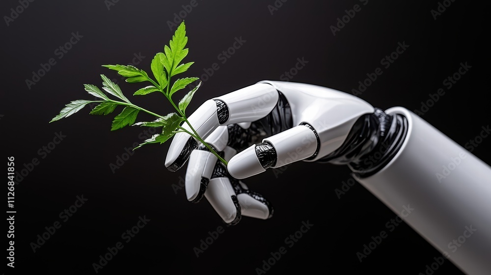 A robotic hand gently holding a green plant, symbolizing the fusion of nature and technology. A robotic hand gently holding a green plant, symbolizing the fusion of nature and technology.