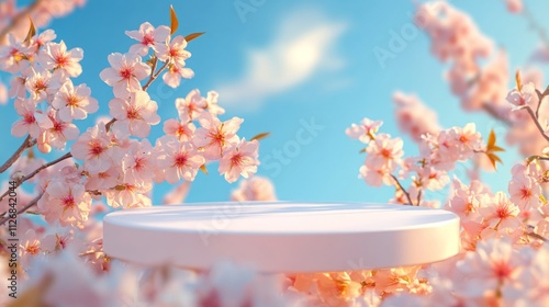 3D background, pink podium display. Sakura pink flower falling. Cosmetic or beauty product promotion step floral, pastel pedestal. Abstract minimal advertise. 3D render copy space spring mockup.