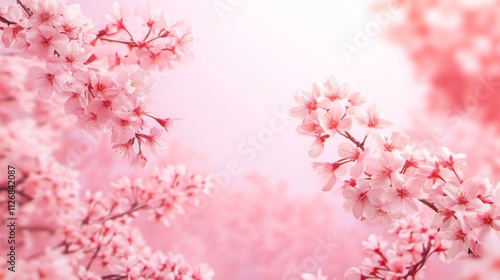 Spring Horizontal banner with sakura flowers. Beautiful nature season background with a branch of blooming cherry. Copy space for text, selective focus