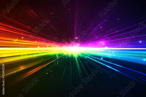 A neon background of glowing lines in rainbow colors, forming a radiant burst effect from the center.