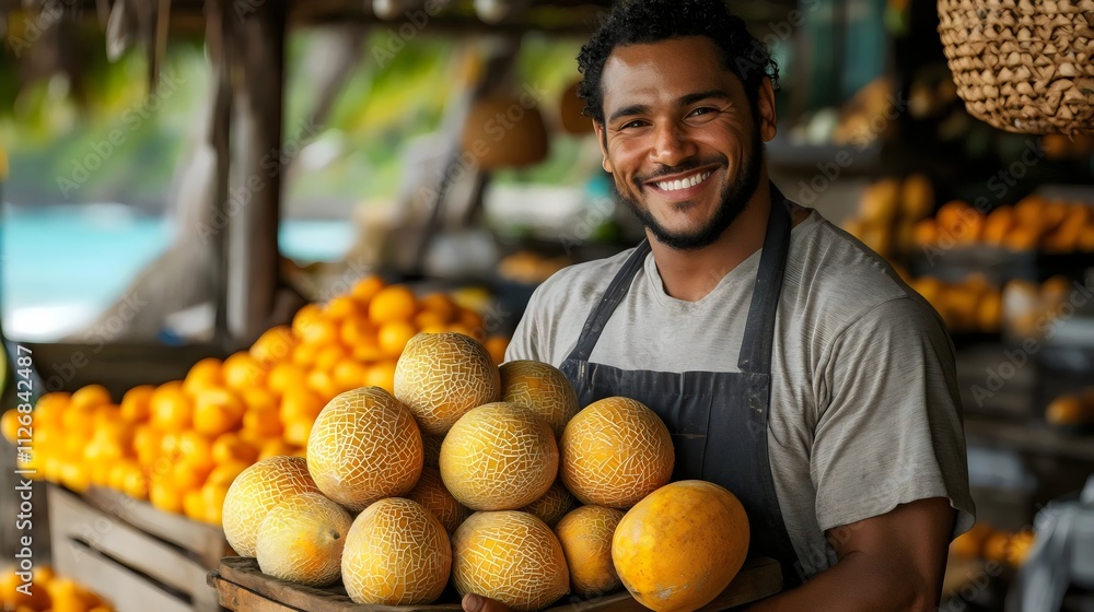 A man is holding a basket of fruit, including oranges and melons A man is holding a basket of fruit, including oranges and melons