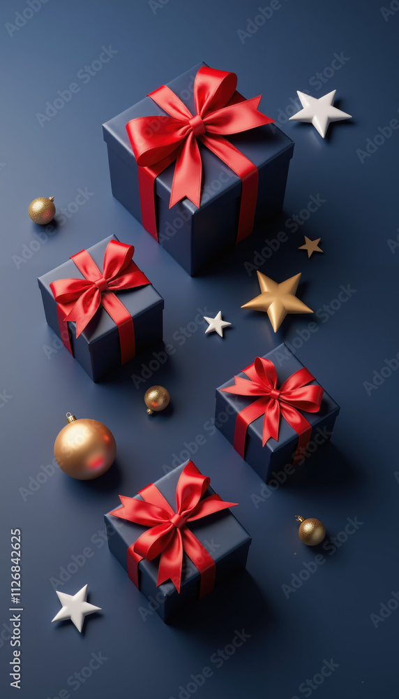 Assorted Christmas Gift Boxes with Red Ribbons, Gold Ornaments, and Decorative Stars on Blue Background Assorted Christmas Gift Boxes with Red Ribbons, Gold Ornaments, and Decorative Stars on Blue Background