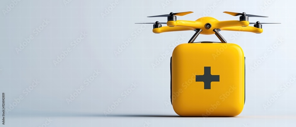 A yellow medical drone designed for emergency deliveries with a first aid symbol, showcasing innovation in health care. A yellow medical drone designed for emergency deliveries with a first aid symbol, showcasing innovation in health care.
