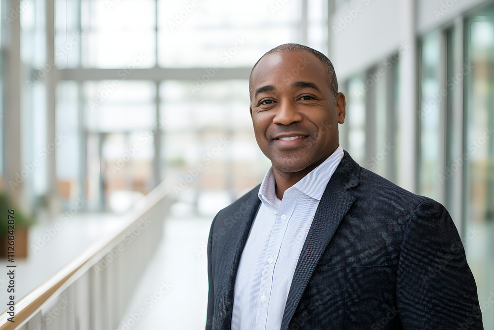 Portrait of a successful African American businessman looking at camera and smiling inside modern office building