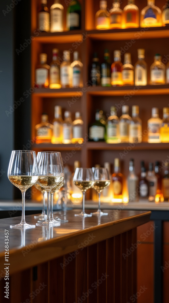 Luxury Hotel Bar with Polished Wooden Countertop and Champagne Glasses Luxury Hotel Bar with Polished Wooden Countertop and Champagne Glasses