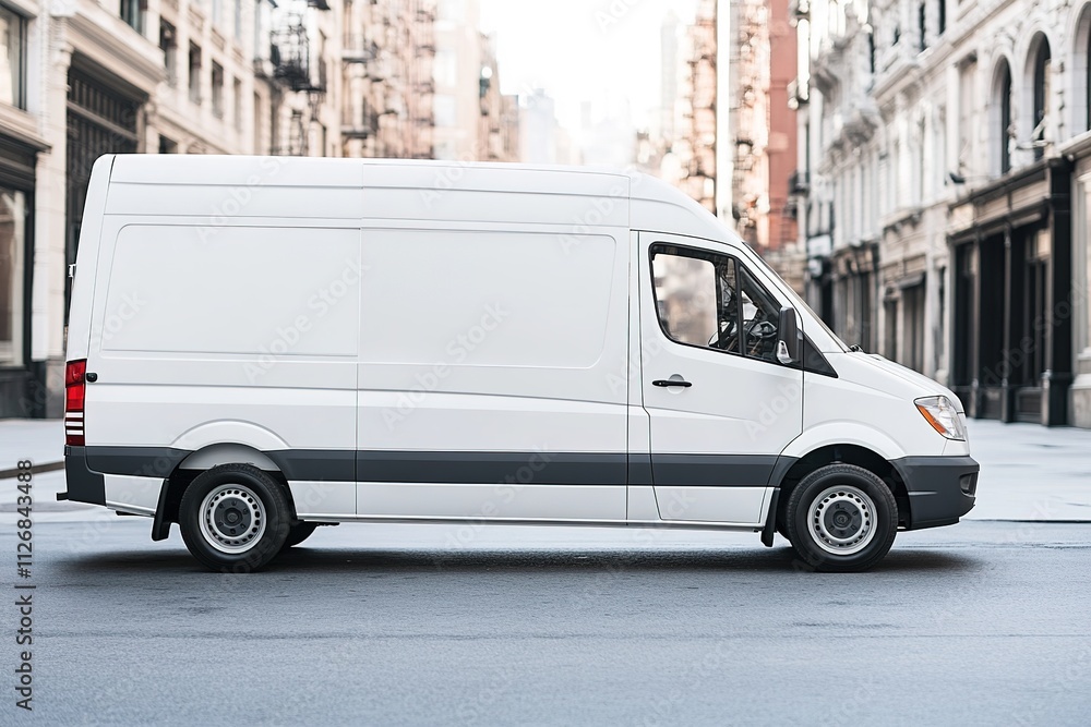 realistic delivery van mockup with blank side panel parked on clean city street realistic delivery van mockup with blank side panel parked on clean city street