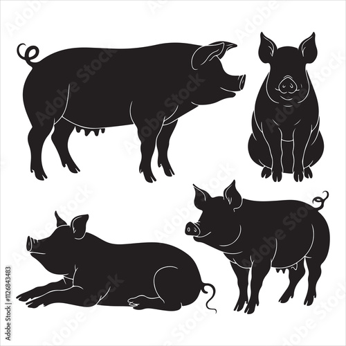 set of black various poses pig vector silhouette	