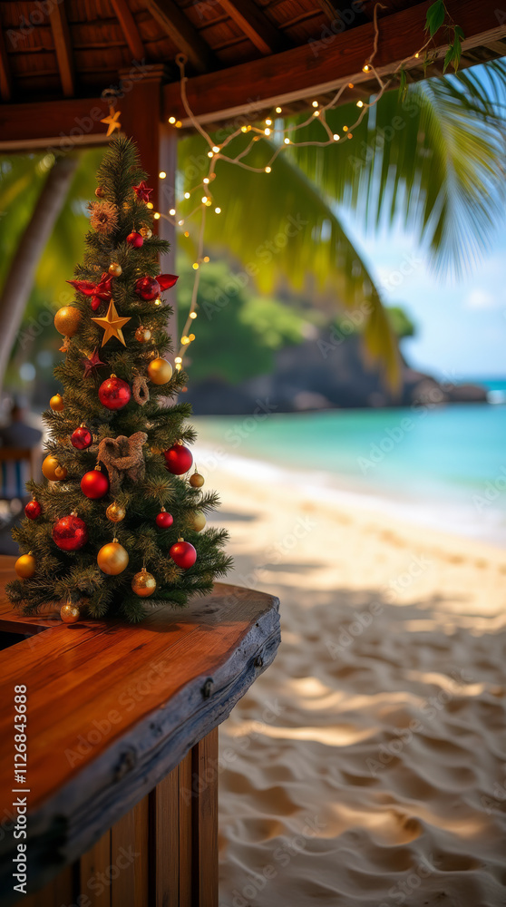 Tropical Bar Setup with Christmas Palm Tree and Beach Vibes in Honolulu, Hawaii Tropical Bar Setup with Christmas Palm Tree and Beach Vibes in Honolulu, Hawaii