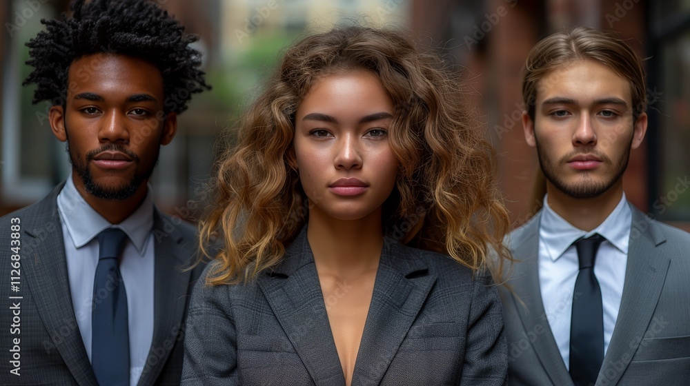 Three Business Professionals, Two Men and a Woman, Pose in Suits in an Outdoor Setting. Three Business Professionals, Two Men and a Woman, Pose in Suits in an Outdoor Setting.