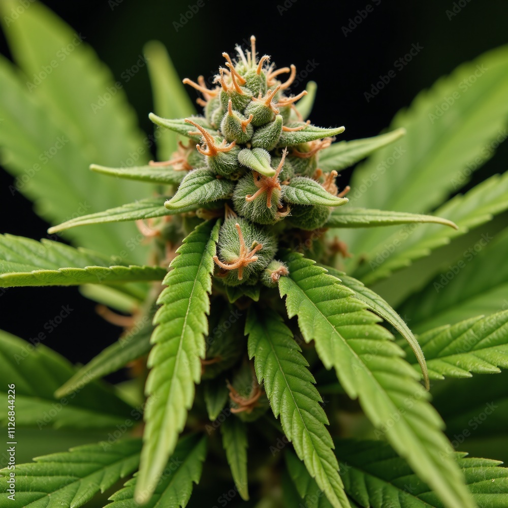 A detailed close-up view of blooming cannabis plant buds A detailed close-up view of blooming cannabis plant buds
