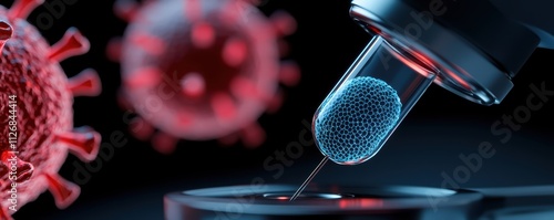 Close-up of a vaccine being injected into a sample, highlighting scientific research in virology. photo