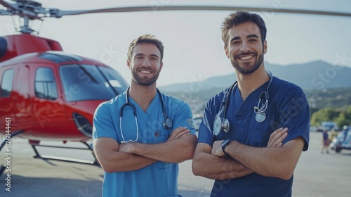 Team photo of a tall male nurse and a young latin doctor standing next to the rescue helicopter where they work together photo