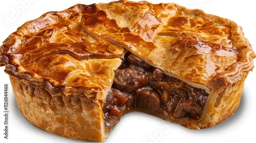 Steak & Kidney Pie: Golden-brown pie with tender beef and kidney filling on a white transparent background