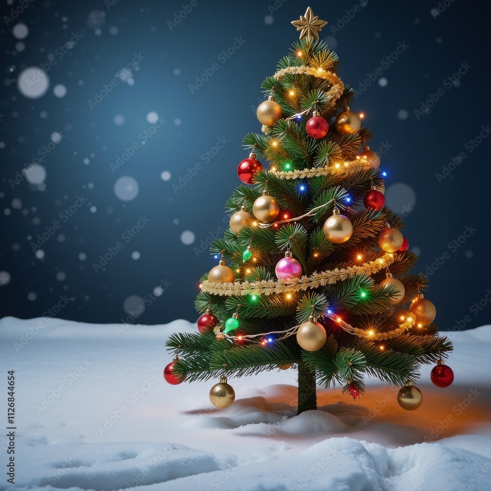 A Christmas tree illuminated by glowing lights and adorned with golden ornaments stands amidst a snow-covered landscape A Christmas tree illuminated by glowing lights and adorned with golden ornaments stands amidst a snow-covered landscape