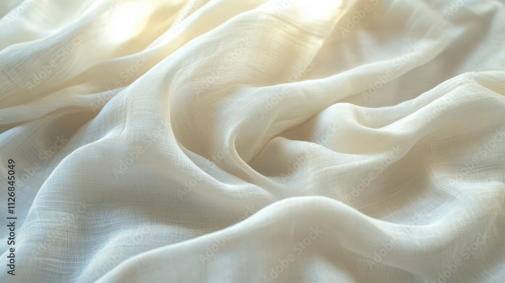 Soft White Draped Fabric with Gentle Creases Reflecting Natural Light, Creating an Elegant and Serene Atmosphere for Backgrounds or Textiles Soft White Draped Fabric with Gentle Creases Reflecting Natural Light, Creating an Elegant and Serene Atmosphere for Backgrounds or Textiles