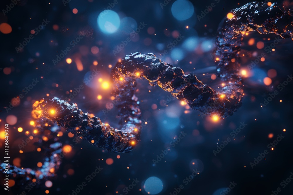 A Glowing, Metallic 3D Structure of the molecule of life, with radiant strands intertwined in a dynamic twist, set against a futuristic, dark background with pulses of light A Glowing, Metallic 3D Structure of the molecule of life, with radiant strands intertwined in a dynamic twist, set against a futuristic, dark background with pulses of light