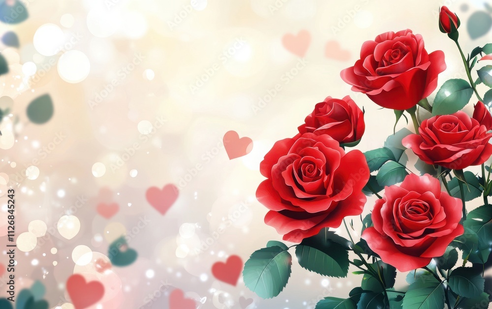 A romantic Valentine's Day banner featuring vibrant red roses in the foreground, set against a blurred background with soft heart shapes. A romantic Valentine's Day banner featuring vibrant red roses in the foreground, set against a blurred background with soft heart shapes.