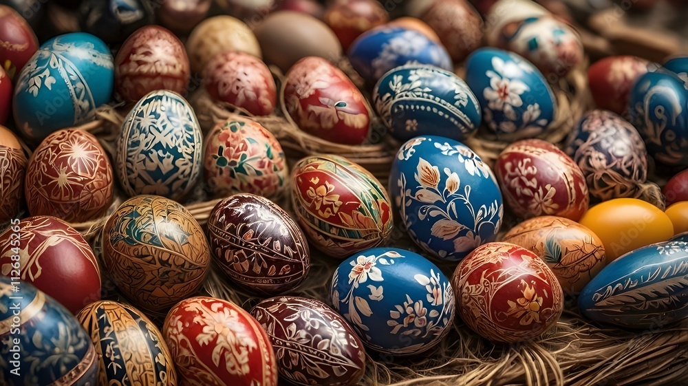 Wooden and painted Easter eggs of various colors, typical Romanian souvenirs Wooden and painted Easter eggs of various colors, typical Romanian souvenirs
