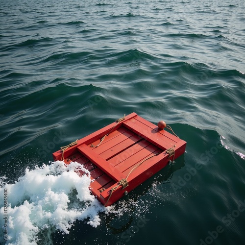 Red raft floats on the sea