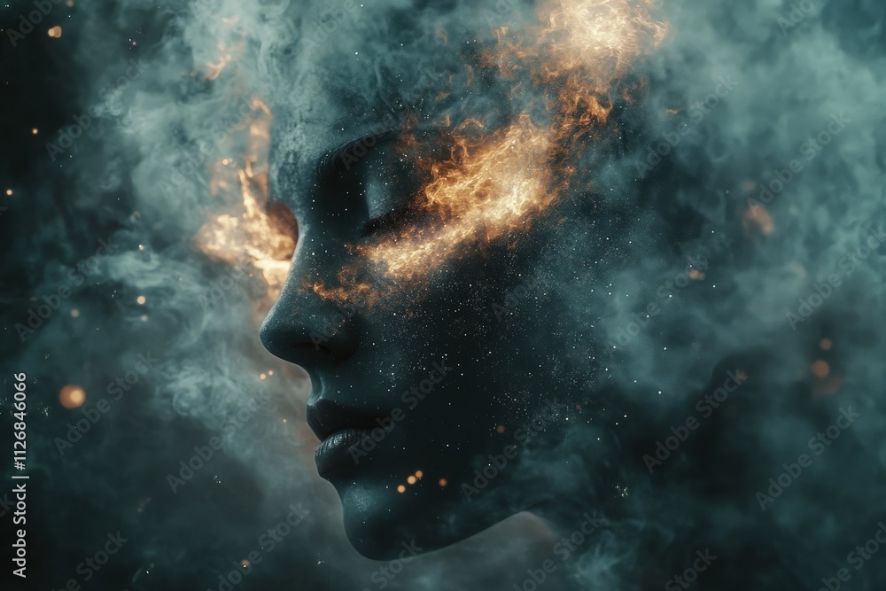Abstract Portrait with Nebula Swirls and Stars: A dreamy and surreal artwork where the face fades into a cosmic backdrop, with ethereal galaxies and shimmering stardust intertwining with the abstract Abstract Portrait with Nebula Swirls and Stars: A dreamy and surreal artwork where the face fades into a cosmic backdrop, with ethereal galaxies and shimmering stardust intertwining with the abstract