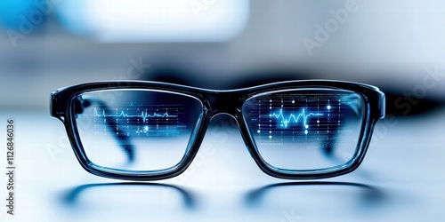 Futuristic eyeglasses displaying digital data and heart rate visualization for enhanced vision and analytics.